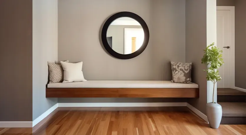 Mueble volado de madera del recibidor con suelo de madera cálido
