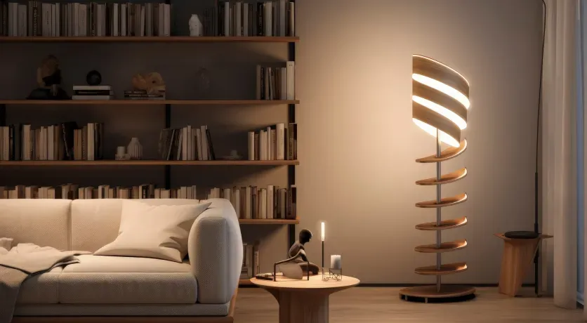 Salón con sofá y librería y lámpara moderna con ambiente cálido de noche